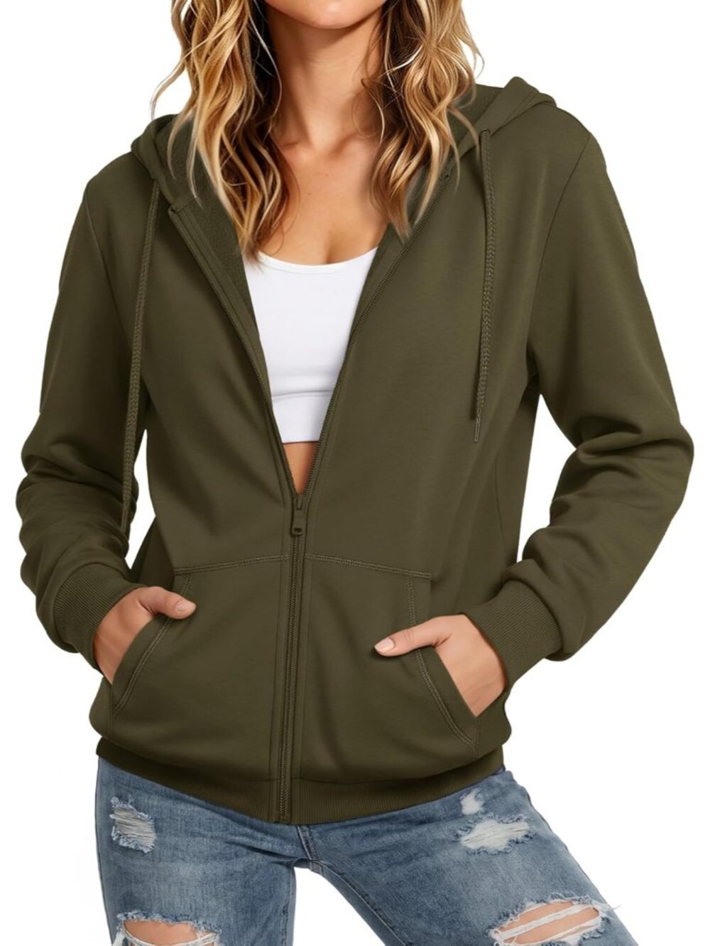 〽️Women's Green Zip Up Fleece Lined Sweatshirt Casual Outerwear Jacket Hooded